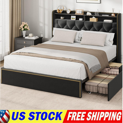 Full Queen King Size Black Velvet Upholstered Bed Frame w/ 4 Storage Drawers