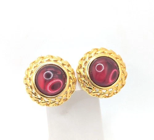 Vintage Napier Clip On Earrings Red Glass Cabochon Filigree Costume Jewelry Gift