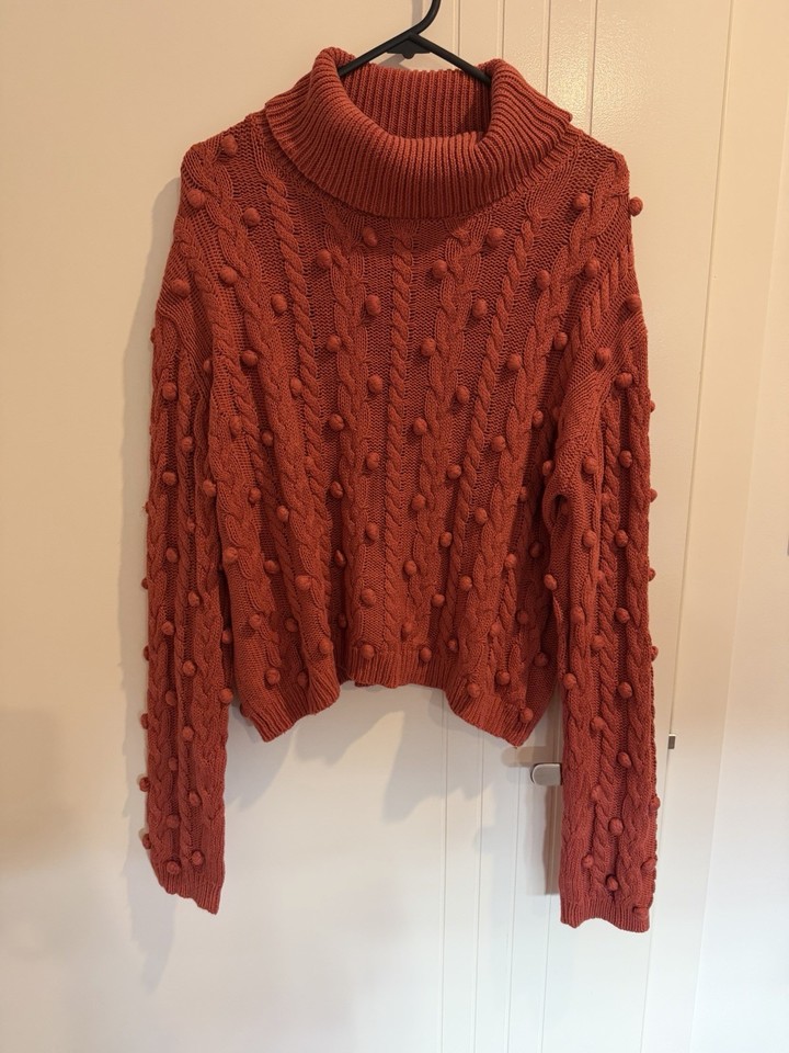 MINKPINK Rust Cable Knit Bobble Turtleneck Cotton Jumper Size M