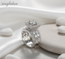 Crystal Statement Ring Luxury Square Silver Tone Adjustable Ring for Women