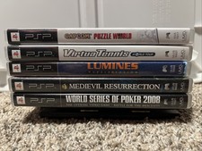 PSP 5 Game Lot - Capcom Puzzle World Virtua Tennis Lumines Medievil Poker READ