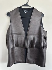Vintage S/M Brown Leather Style Fringe Vest Cowboy Rodeo Yellowstone MEDIUM