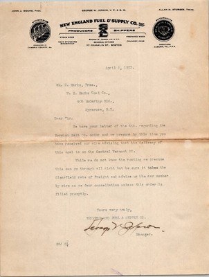 1923 New England Fuel & Supply Co. Boston Coal Business Letter Ephemera