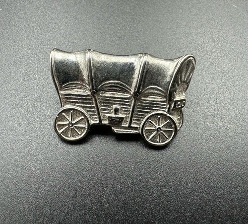 Vintage Silver Tone White Western Covered Wagon Lapel Pin Or Tie Tack - Picture 3 of 6