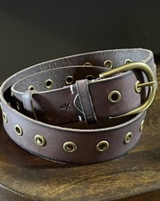 Frye Belt Leather Brass Buckle Grommets Logo Brown 36 Sz M
