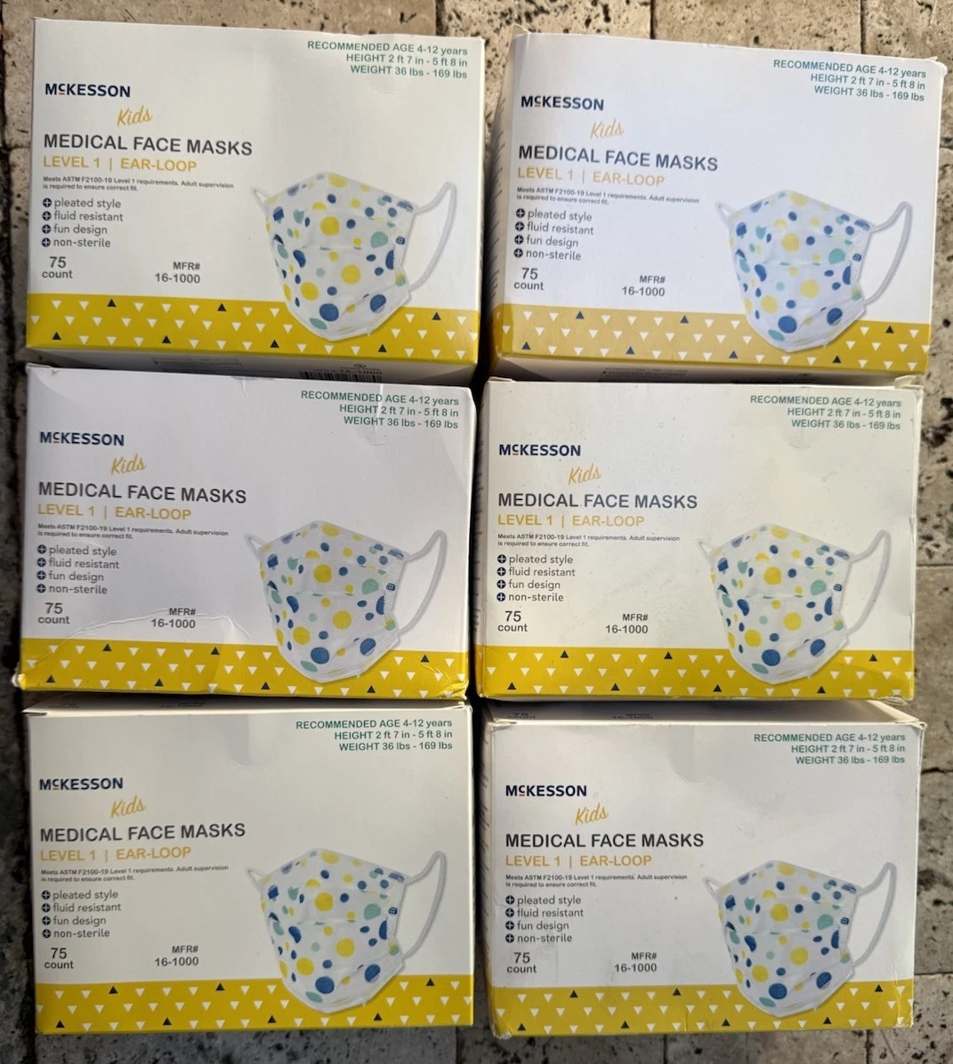 6 Boxes - McKesson Pediatric Face Mask Kid Child Size Pleated 75 Per Box 16-1000