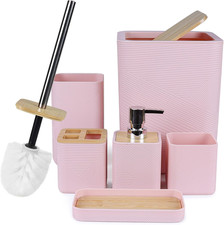 CERBIOR Bamboo Bathroom Accessories Set 6 Piece Bath Ensemble  Pink   Includes S