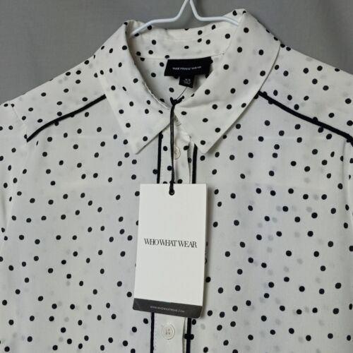 Who What Wear White Sheer Black Polka dot Blouse Button Up NWT XS Long Sleeve - Picture 9 of 12