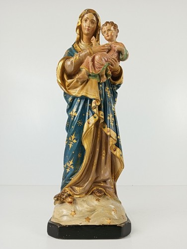 Neo Gothic Antique Statue Figurine Virgin Mary Plaster Polychrome hand painted b - Picture 8 of 9