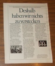 Seltene Werbung MCDONALD'S - Deshalb haben wir nichts zu verstecken 1981