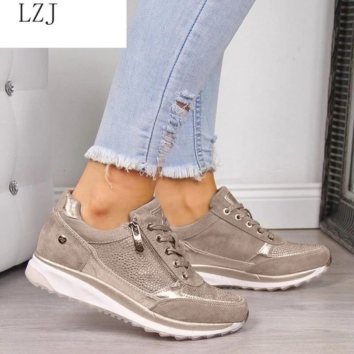 Zapatos Deportivos Casual Moda De Mujer Zapatillas Doradas Plataforma  Cremallera | eBay