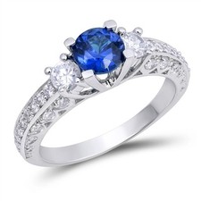 925 Sterling SilverROUND BLUE SAPPHIRE CLEAR CZ DESIGN ENGAGEMENT RING SIZE4-10 