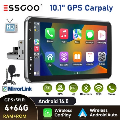 ESSGOO 10" Rotatable Single DIN Carplay Android 14 Car Stereo Radio Head Unit GPS 64G