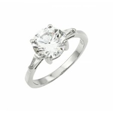 Sterling Silver Ring w/ 8 mm 2 ct Round Cut Center  Baguette Cut CZ Stones