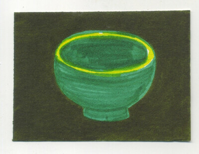Original signierter ACEO von Lucy Smith. 'Grüne Schale VII' Stillleben, Topf, Keramik