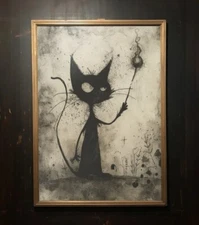 Witchy Black Cat Whimsigoth Poster, Printable Wall Art , Shabby