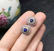 3Ct Lab Created Blue Sapphire Push Back Halo Stud Earrings 14K White Gold Finish