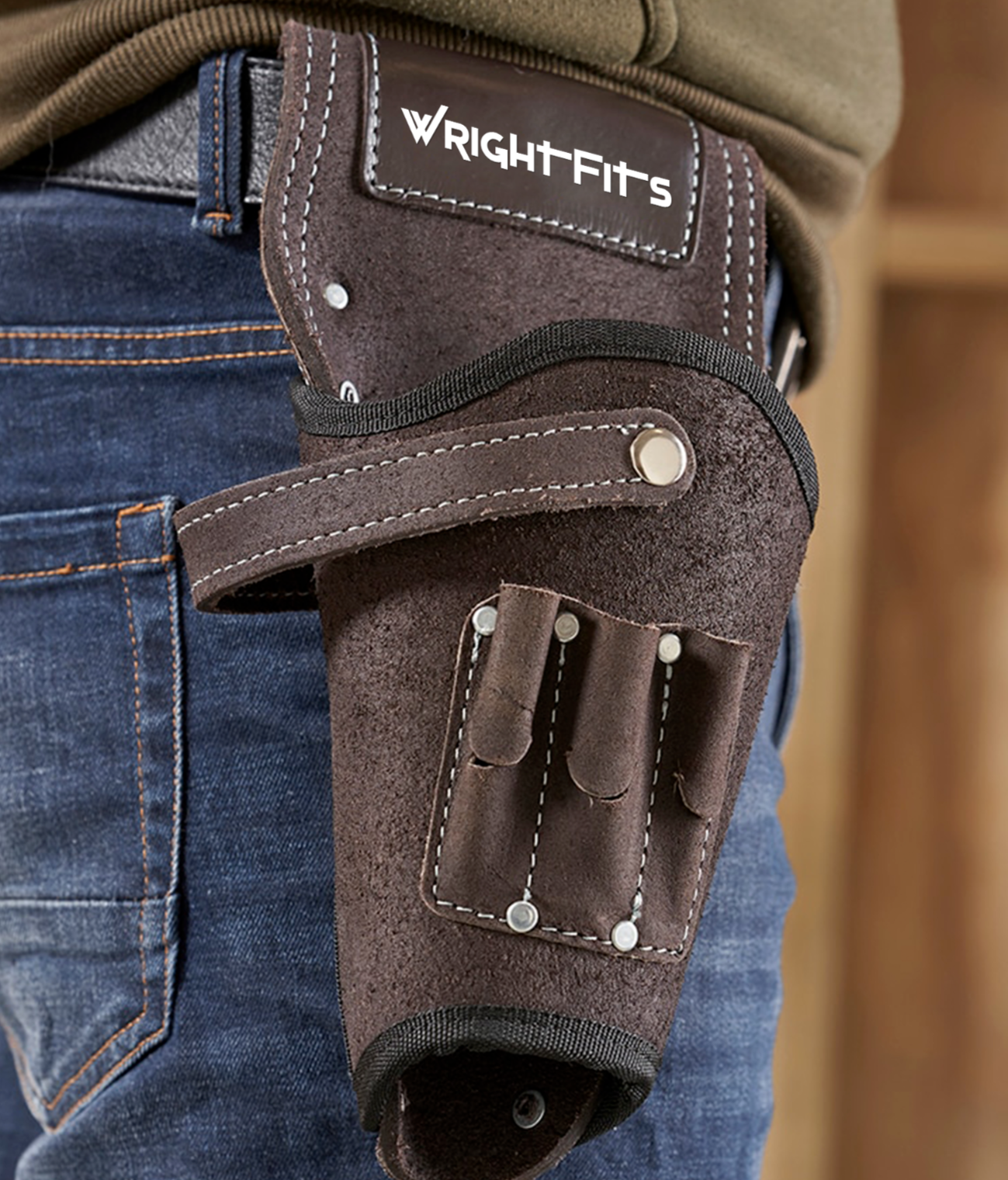 WrightFits Leather Drill Holster with Bit Slot Heavy Duty Tool Belt Holder Pouch