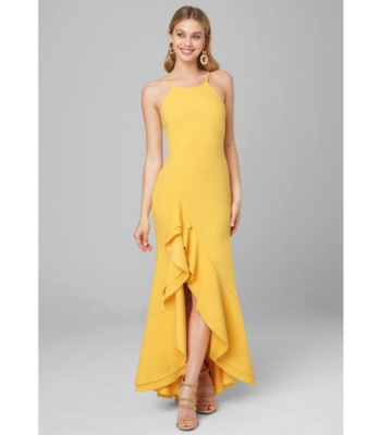 Bebe Dress Maxi Flounce Strappy Open Slit Ruffle Hem Fitted Stretch Yellow  NWT 4 | eBay