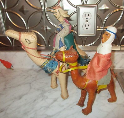 2 Vintage Hand Made Stitched Leather Camels with Arabian Riders