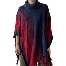 Indigenous Womens Alpaca Cotton Peruvian Red Blue Hippie Fringe Ombre Cape Shawl