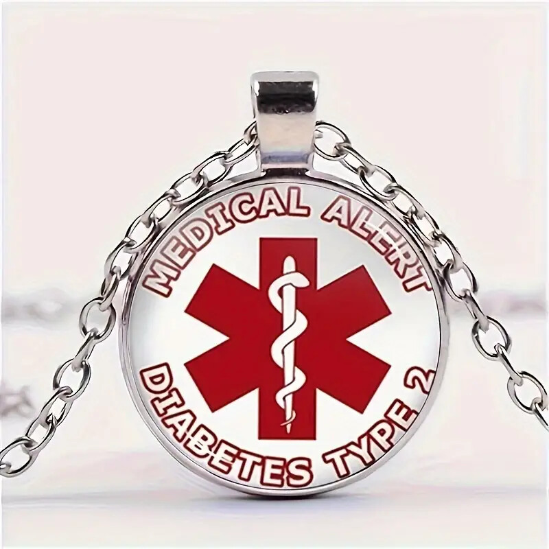 Diabetes Type Medical Alert Glass Pendant Necklace