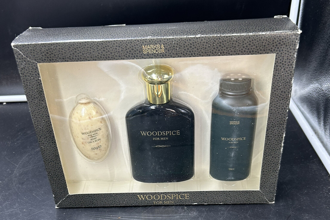 VINTAGE M&S WOODSPICE 3 PIECE GIFT SET 100ml AFTERSHAVE ,100g TALC