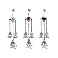 14GA Belly Navel Rings Surgical Steel Triple Skull Dangle Chain CZ Gems Jewelry