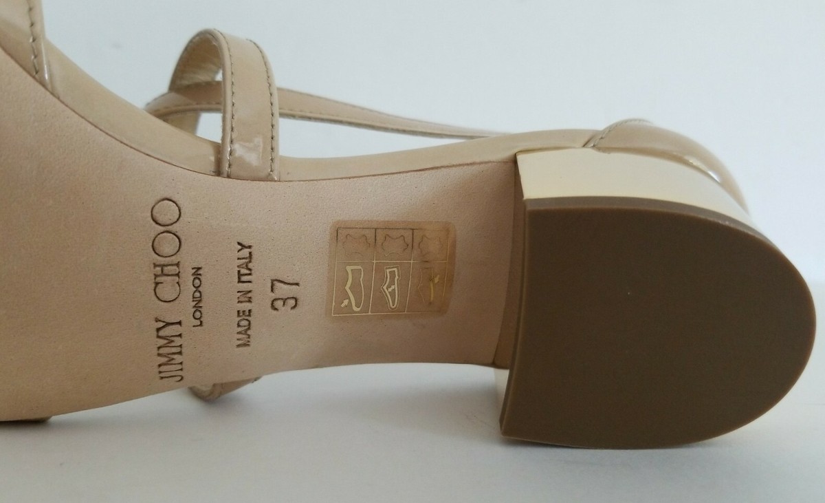 JIMMY CHOO MERIT ICONIC NUDE PATENT GOLD LOGO HEEL SANDALS EU 37 I