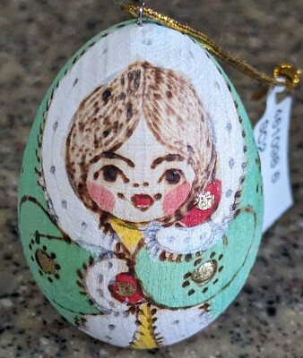 Vintage Easter Egg woman tree ornament wood hand painted artist signed Russia