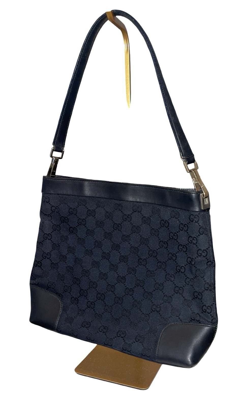 Authentic Gucci GG Monogram Canvas Shoulder Bag Black Leather Trim Vintage Y2K