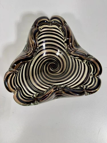 BAROVIER Murano Zebrati Copper Aventurine Spiral Art Glass Bowl Italy