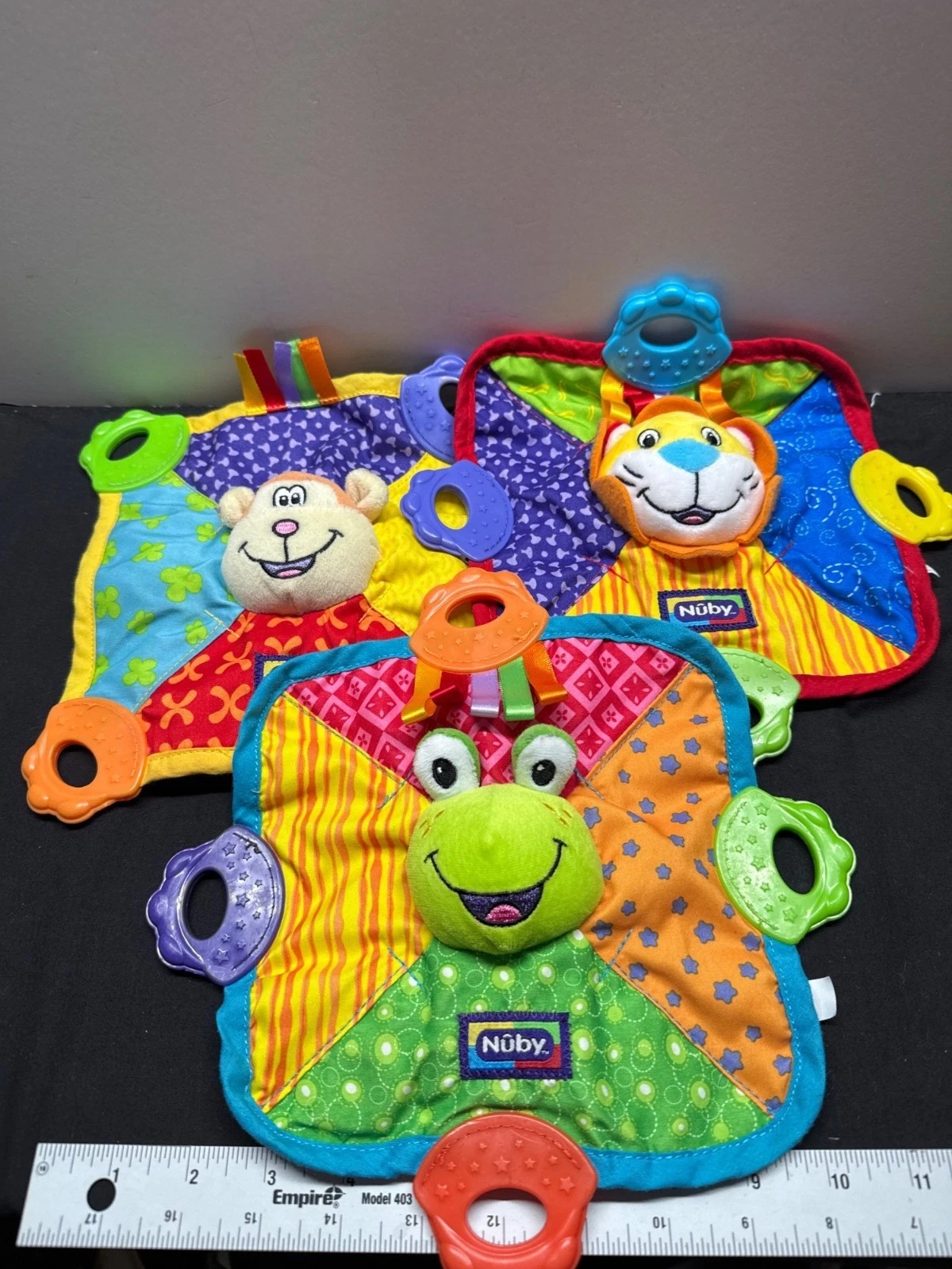 Nuby Teething Blankets Lion Monkey Frog Built-In Teethers & Crinkle Sensory Set