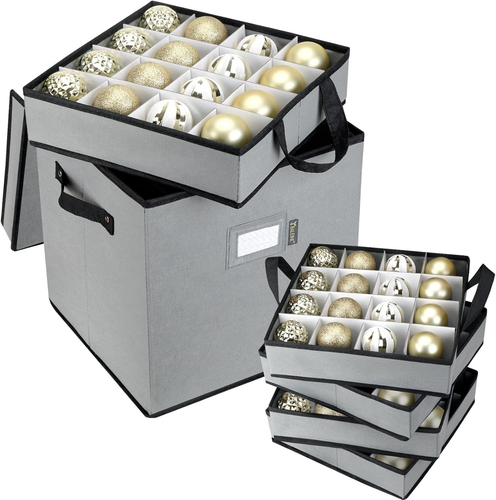 BALEINE 64-Ball Christmas Ornament Storage Box with Dividers in Grey
