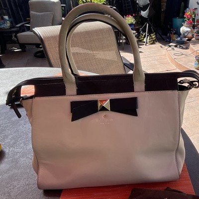 Kate Spade Beige Black Satchel Top Handle Zip Gold Hardware Detachable Strap