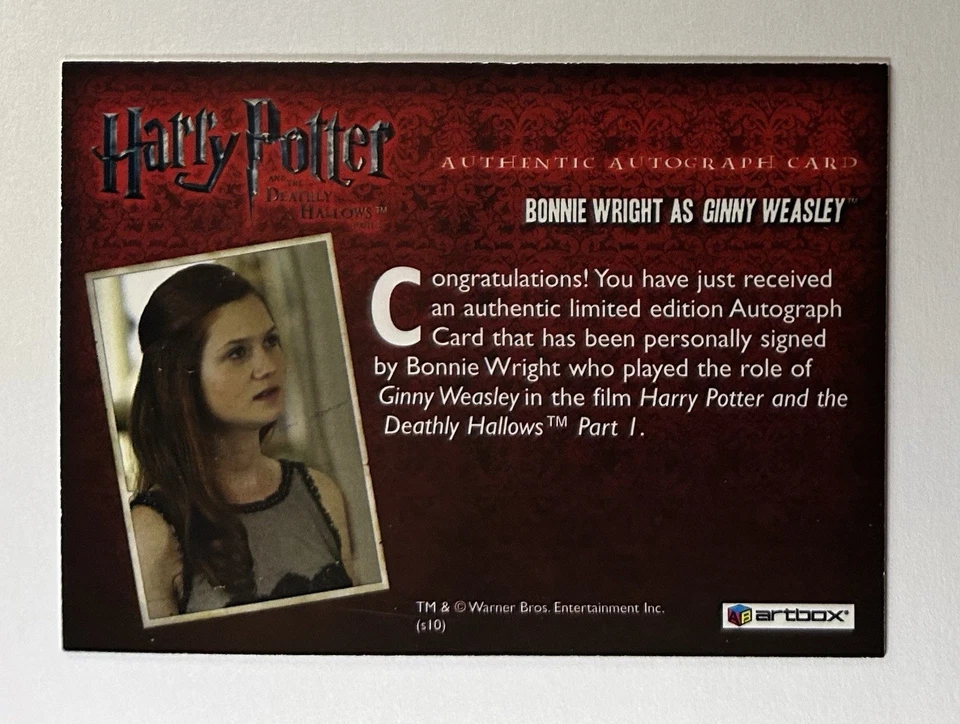 Harry Potter Bonnie Wright Ginny Weasley DH Pt1 Autograph Card Artbox Auto - Image 2 of 2