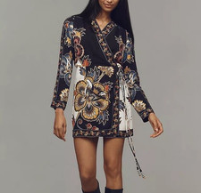 NWT Farm Rio Floral Beads Print Long Sleeve Wrap Mini Dress Multicolor Size L