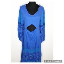 Lulus Moden Menagerie blue lace pom pom trim front cutout midi dress size XL