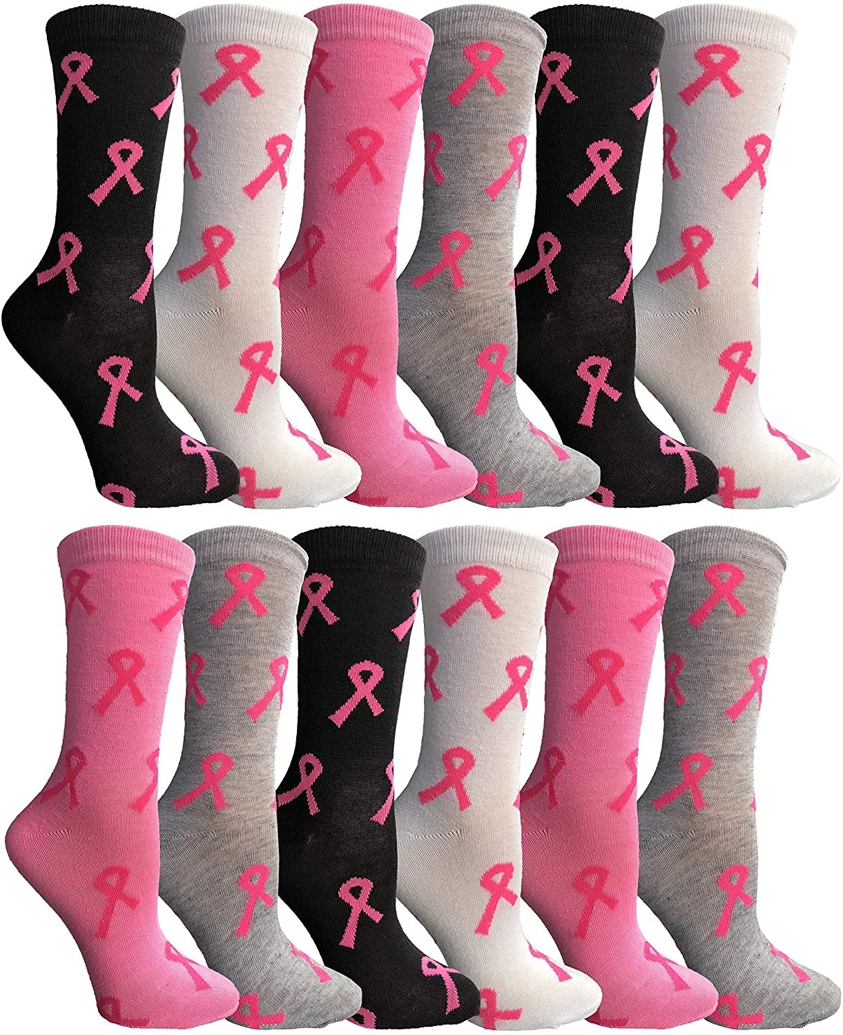 12 Pk Pink Ribbon Breast Awareness Ankle/Crew Socks Women Assorted Stripe,9-11