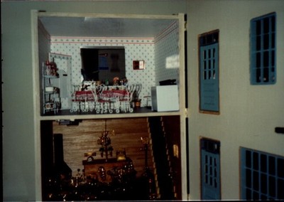 Vintage Found Photograph  Miniature Dollhouse Interior Bedroom and Garage Scene