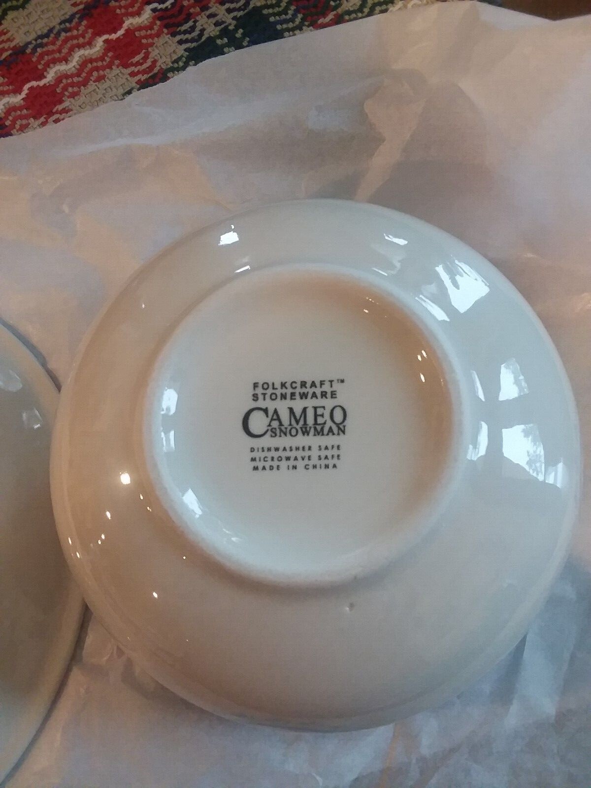 COLLECTIBLE FOLKCRAFT STONEWARE CAMEO SNOWMAN MINT DISHES 8PC XMAS