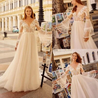 Boho Brautkleid Hochzeitskleid V-Ausschnitt Langarm Weiß Ivory 38 40 42 44 46 - Bild 1 von 4