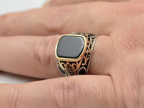 925 Sterling Silver Turkish Jewelry Onyx Men's Ring All Size - Picture 2 of 8