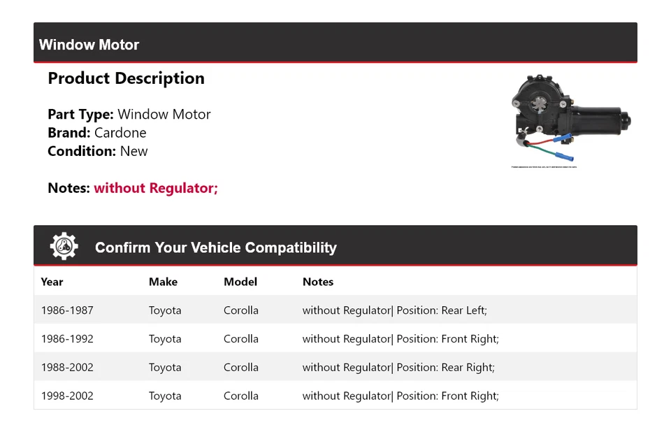 Para Toyota Corolla 1986-2002 Ventana Motor Cardone 1987 1988 1989 1990 1991 1992 Foto 2 de 4