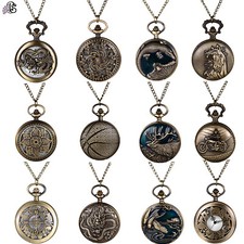 Steampunk Mens Dragon Eagle Skeleton Bronze Tone Quartz Pocket Watch Necklace