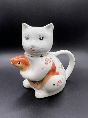 Cat With Koi Fish Creamer or Miniature Tea Pot, hand painted Vintage China Clean