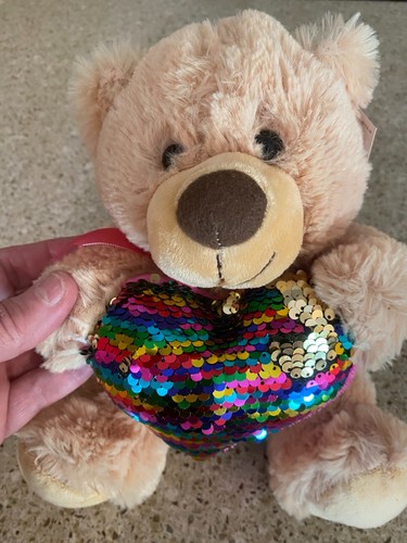 Teddy Bear Stuffed Animal Valentines Plush Toy Holding Sequin Heart Light Brown - Picture 5 of 7