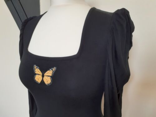Missguided size 16 Butterfly Design Square Neck Long Sleeve Bodycon Dress, Black - Picture 4 of 12