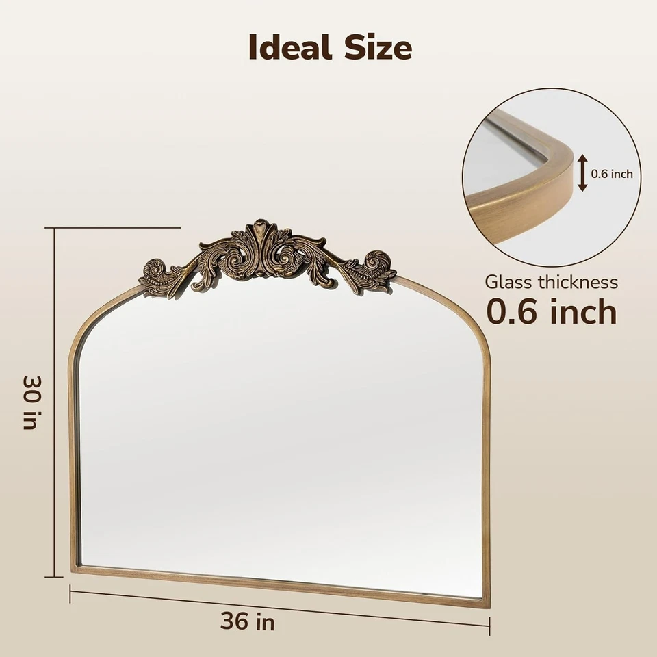 Espejo de Maquillaje de Baño Espejo Arqueado Barroco Adornado Vintage Dorado 36x30" Foto 2 de 4