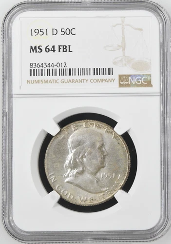 1951-D  FRANKLIN US Half Dollar,   MS64 by NGC,   FBL,   a SUPERB coin!!!!